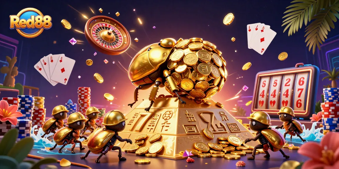 Experience thrilling wins at Red88 with a vibrant 3D illustration of golden coins and casino fun.