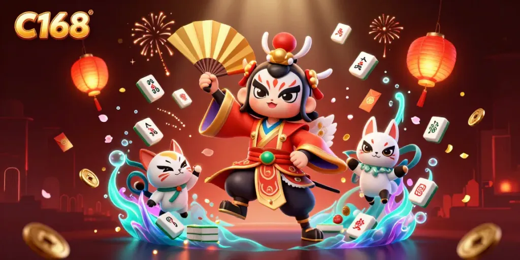 C168 online casino features a kabuki warrior and kitsune mask amidst colorful gambling elements