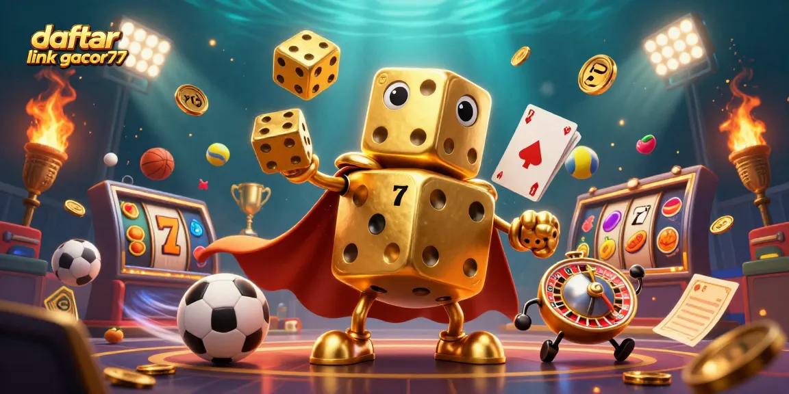 daftar link gacor77 showcases golden dice golem and vibrant casino symbols in action-packed scene