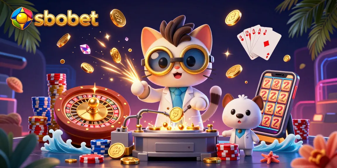 Experience sbobet's thrilling gaming world with golden coins, vibrant chips, and a scientist cat in action.