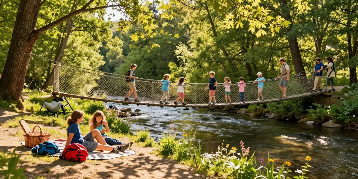 Family crossing a scenic River Rope Bridge with vibrant forests in the background, enjoying outdoor adventure.