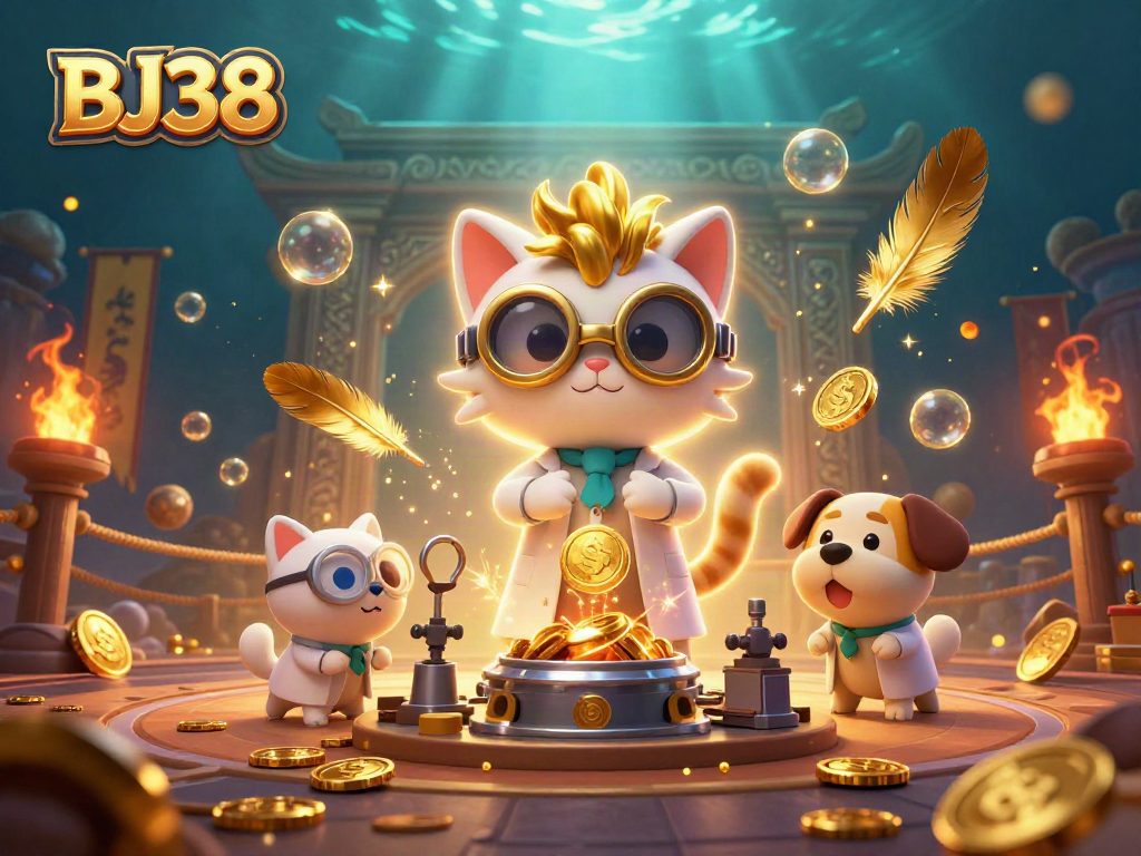 Engage with BJ38's dynamic casino scene, featuring a mad scientist cat and a loyal dog amidst a gold-coin explosion.