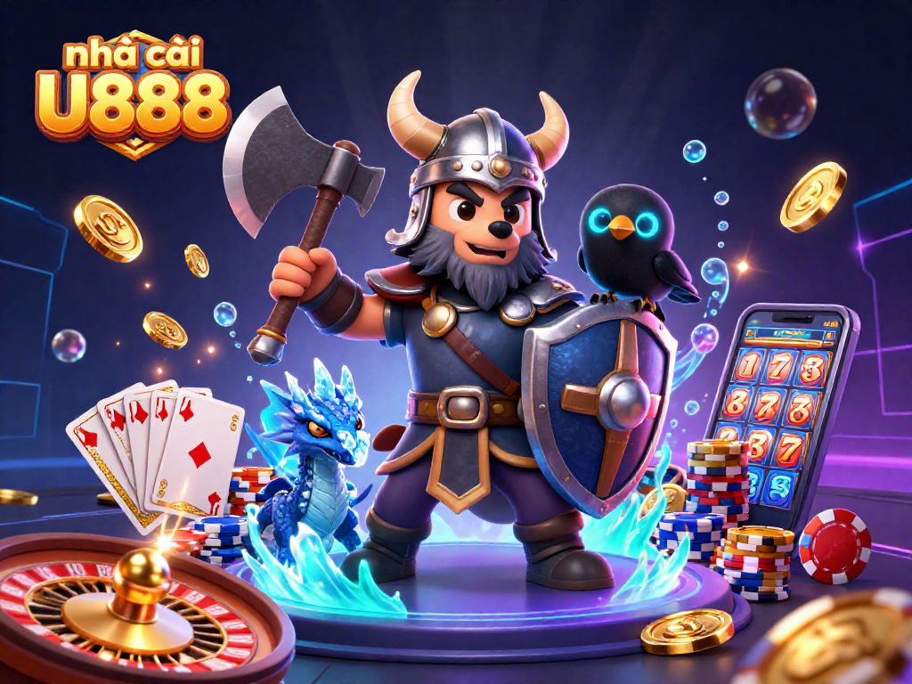 Engage with nhà cái U888 through a stunning 3D illustration featuring a Viking wolf warrior and gaming elements.