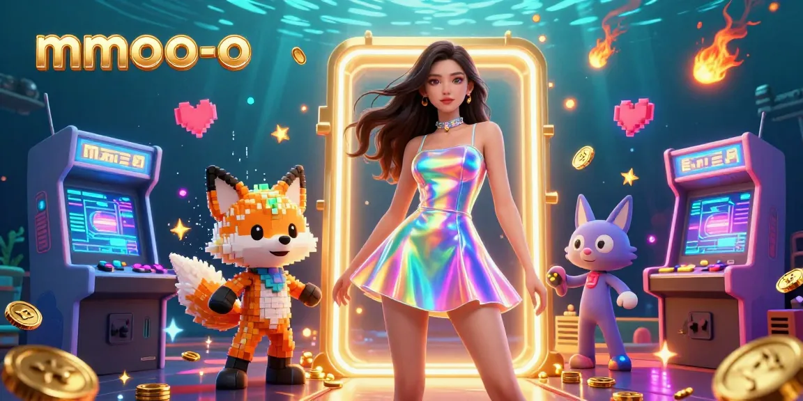 Experience the thrill of mmoo-o with immersive gaming visuals featuring a dazzling woman and colorful pixel fox.