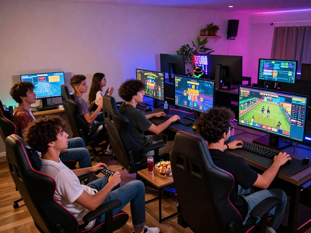Friends enjoying an exciting slot88 gaming session with vibrant LED lights and multiple screens.