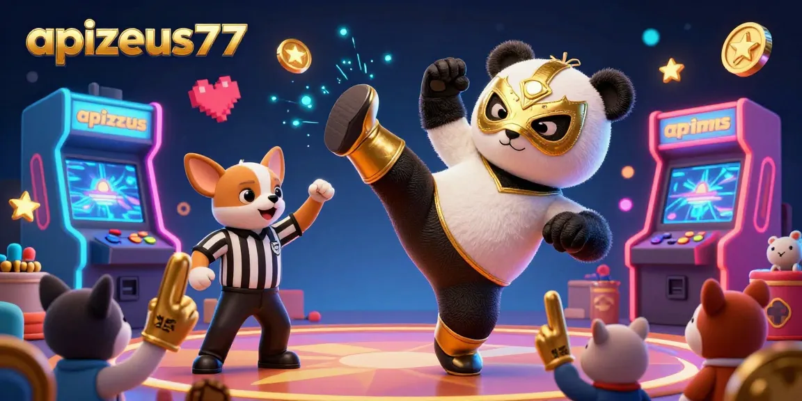 Engage with apizeus777 in an exciting sports betting scene featuring a panda wrestler and tiny animal fans.