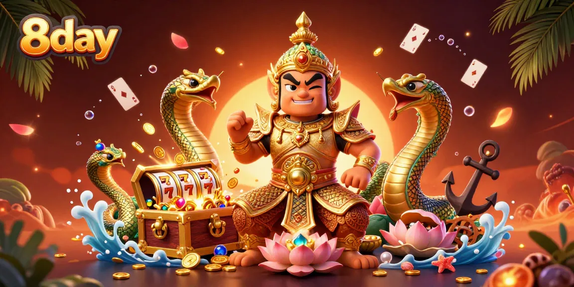 Engage with exciting 8day casino slots and treasure chests in a vibrant 3D scene.