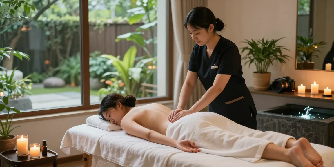 일산출장안마 massage therapy in a calming spa environment with professional masseuse and tranquil elements.