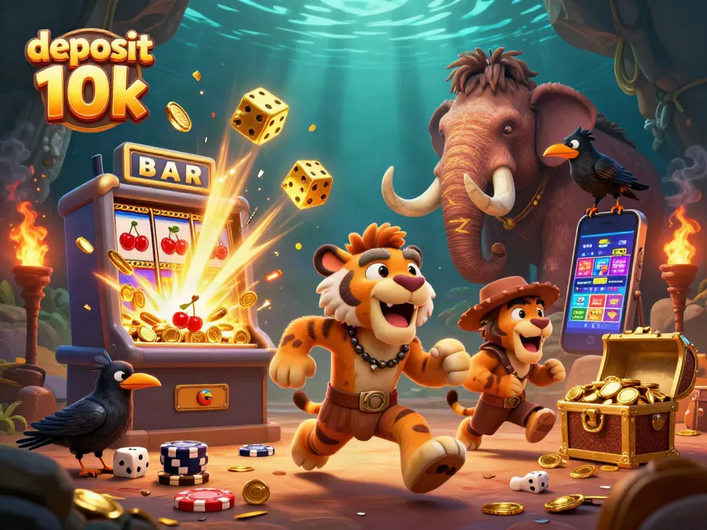 Experience the thrill of deposit 10k in a vibrant prehistoric casino with celebratory symbols and action.
