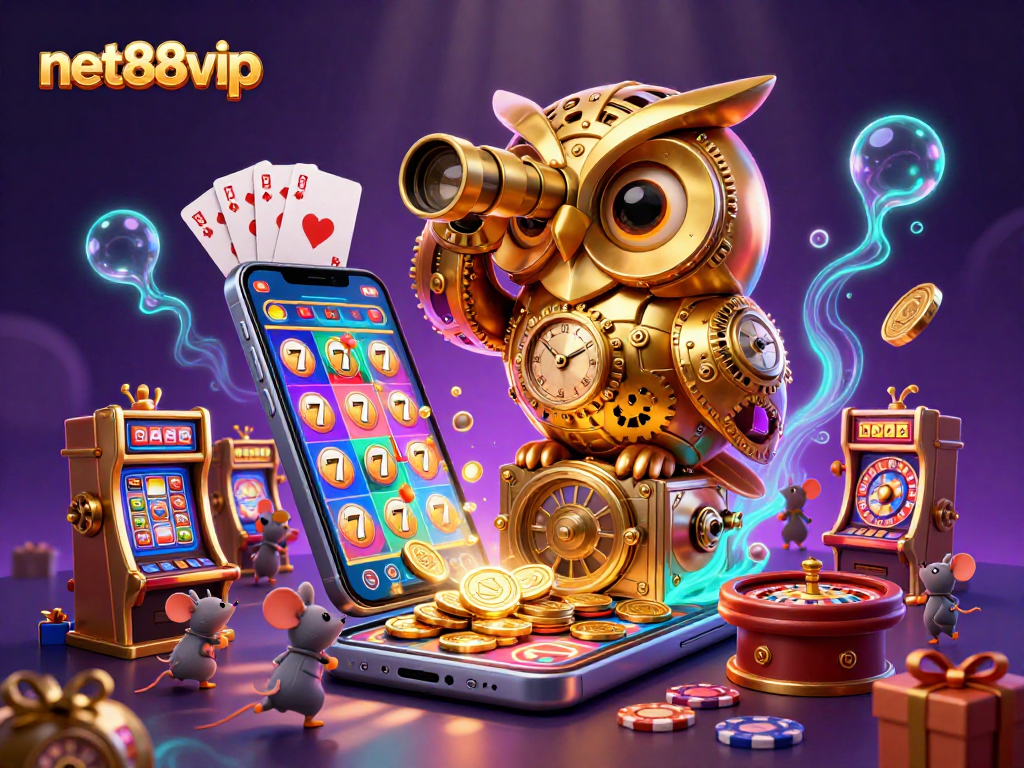 Experience exciting slots at net88vip with vibrant 3D casino illustration featuring colorful slot games and golden coins.