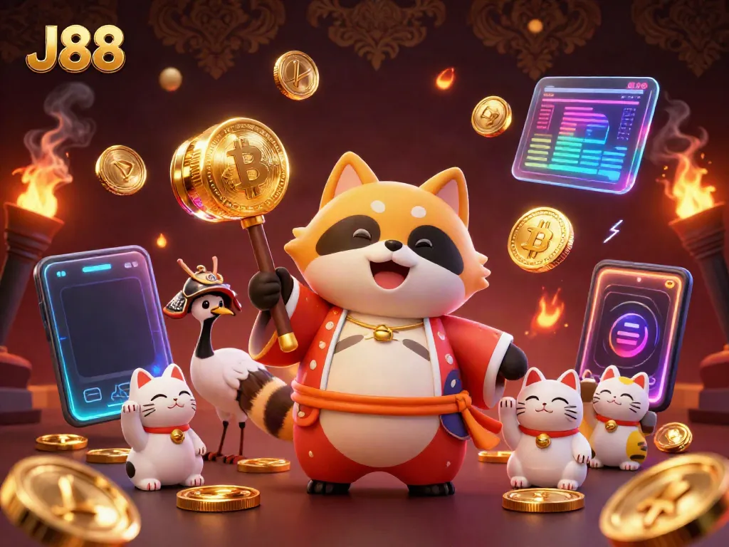 Engage with J88's vibrant 3D casino scene featuring lucky symbols and cheerful characters for enhanced betting experience.