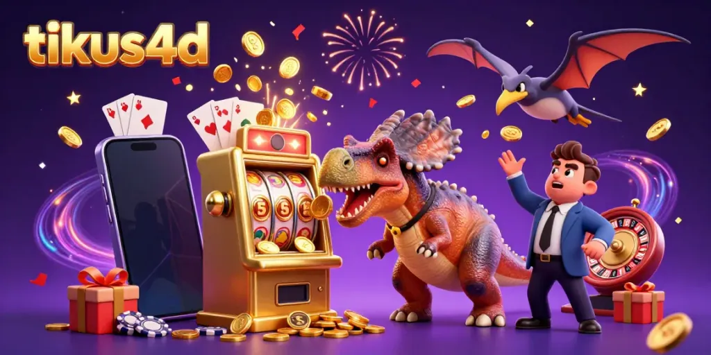 Tikus4d gaming scene with a dinosaur celebrating a jackpot from a golden slot machine.