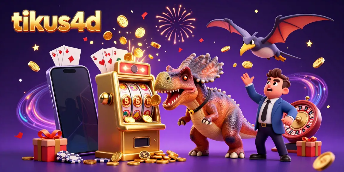 Tikus4d gaming scene with a dinosaur celebrating a jackpot from a golden slot machine.