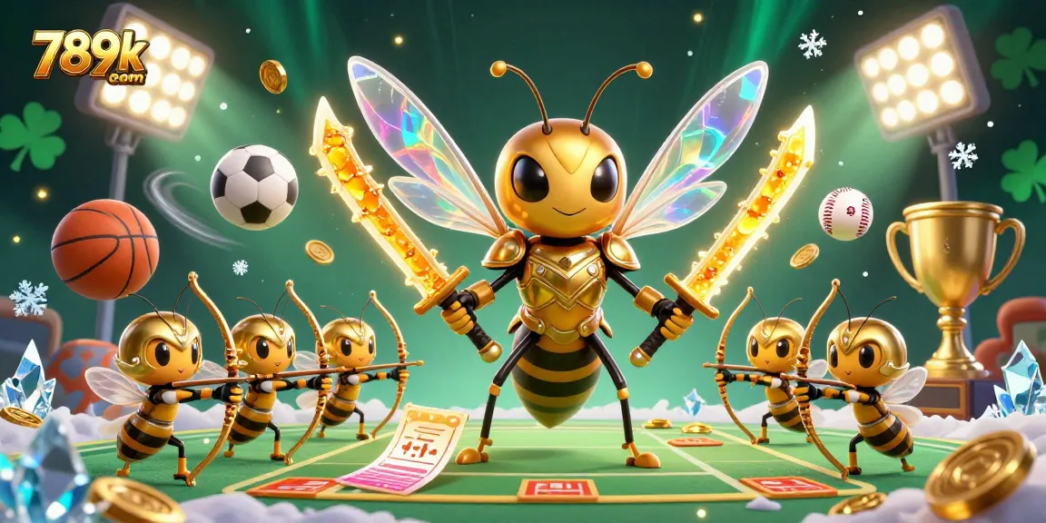 Engaging action featuring 789k com with a golden hornet samurai amid dynamic sports elements and gold coins.