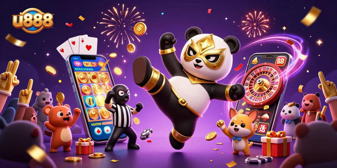 Experience thrilling gameplay with u888, as the luchador panda kicks through a vibrant casino atmosphere.