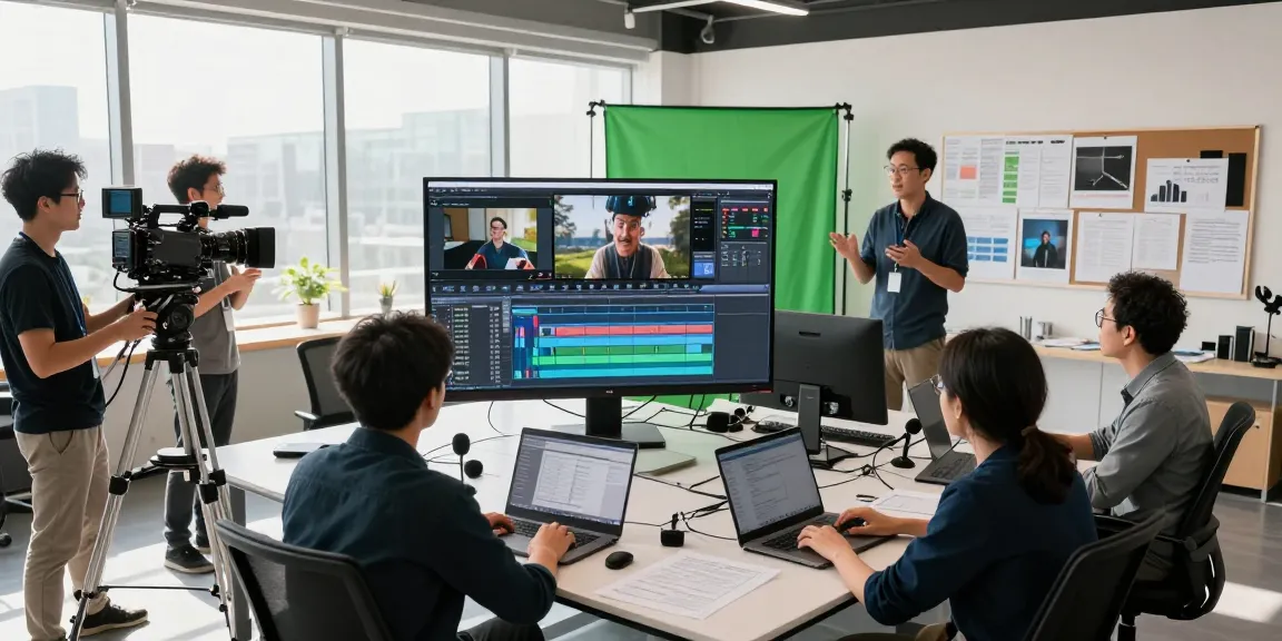 Team collaborating on corporate video production, showcasing creative workspace and editing process.