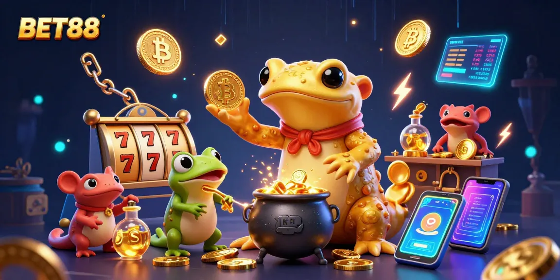 Experience the thrill of BET88 with vibrant slots and gold coins in a magical 3D casino scene.