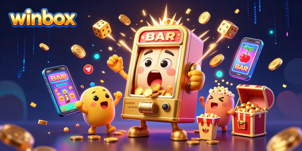 Winbox casino scene featuring a golden slot machine celebrating a jackpot with vibrant coins and cheering baby slots.