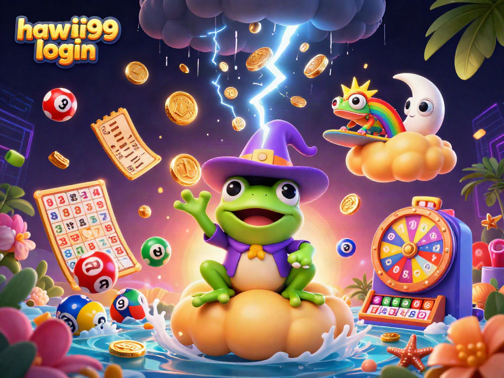 Experience the excitement of hawai99 login as the weather wizard frog conjures golden coins in a vibrant casino scene.