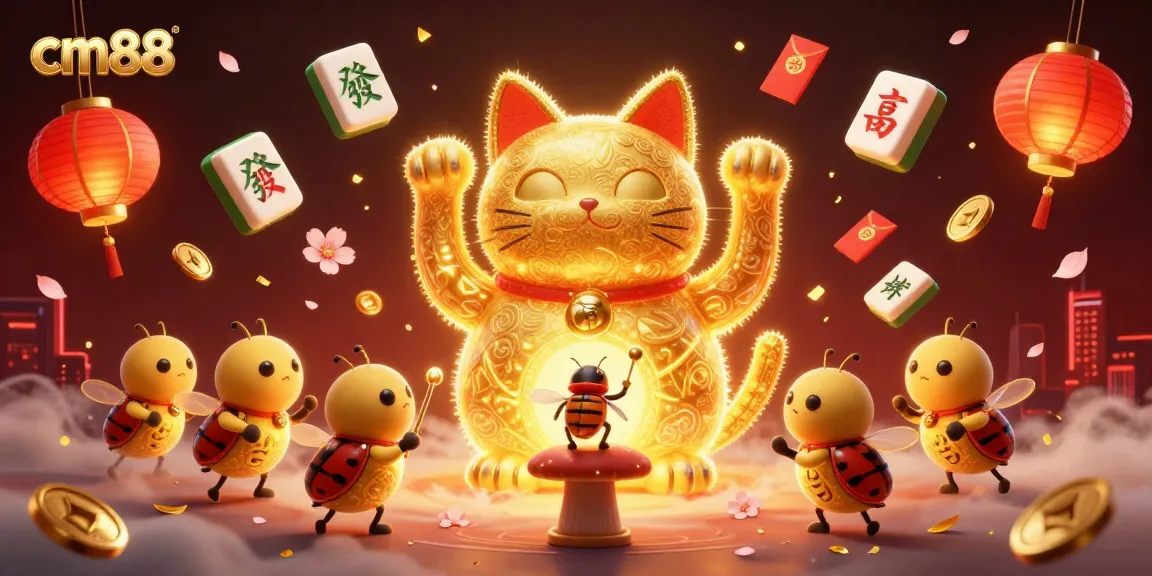 Engage with cm88's vibrant casino atmosphere, featuring a golden lucky cat amidst festive gaming symbols.