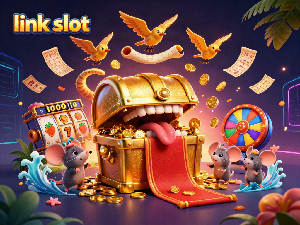 Experience thrilling excitement with link slot as colorful slot reels, golden tickets, and treasure await.
