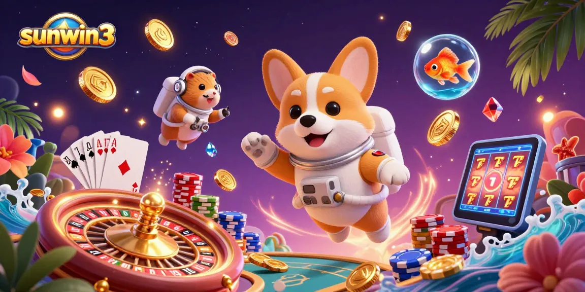 Experience the excitement of sunwin3 with a vibrant digital casino scene featuring a floating corgi astronaut.
