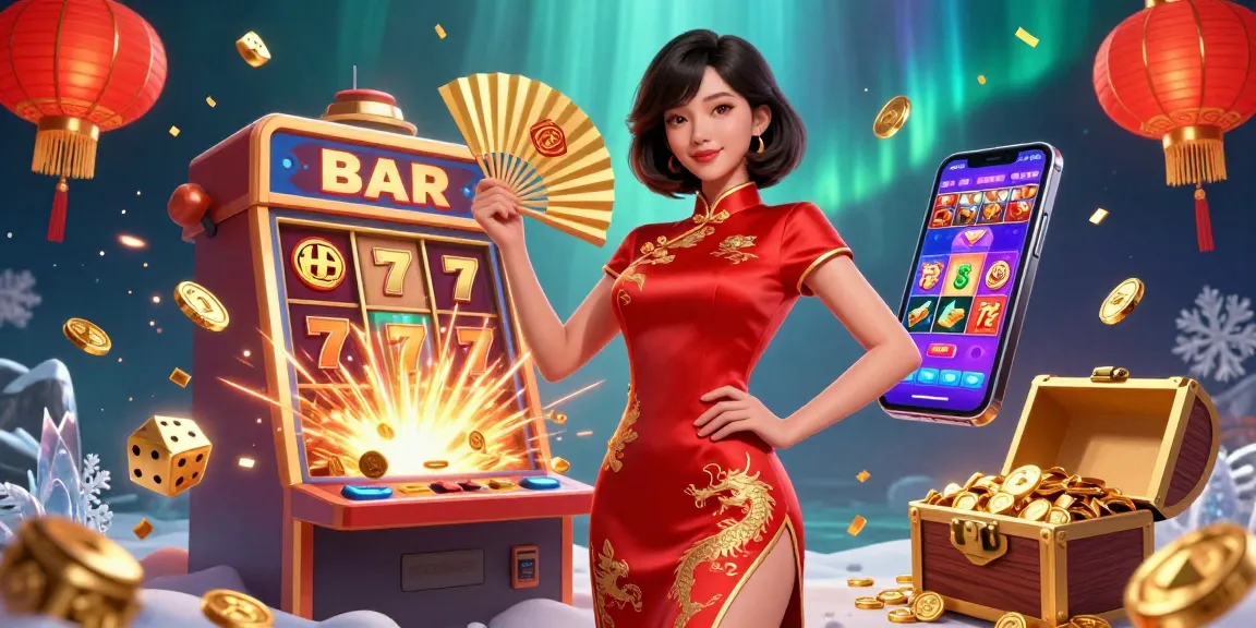 Hit big with a vibrant casino experience featuring a graceful Asian woman amidst a seamless slot machine jackpot.