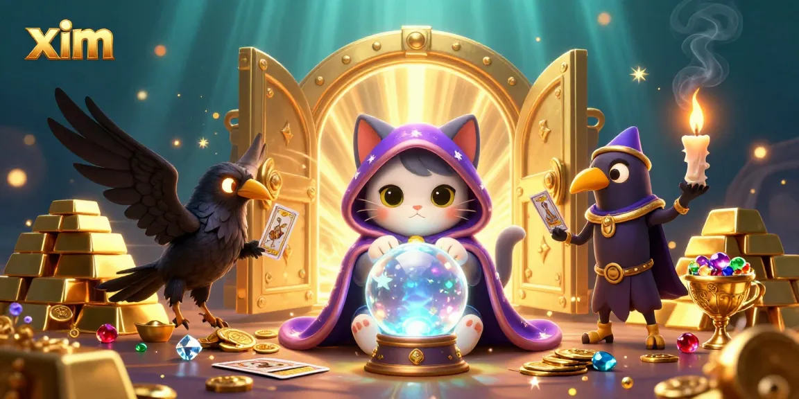Experience thrilling casino magic with xim's fortune teller cat and tarot raven amidst dazzling treasures.