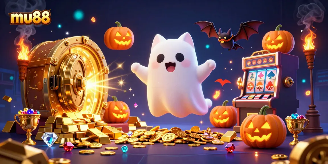 Experience thrilling games at mu88 with a friendly ghost cat and vampire bat in a vibrant casino.