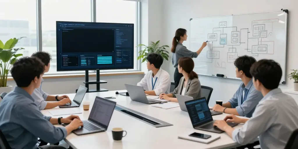 Team collaboration on Enterprise AI development strategies in a modern office.