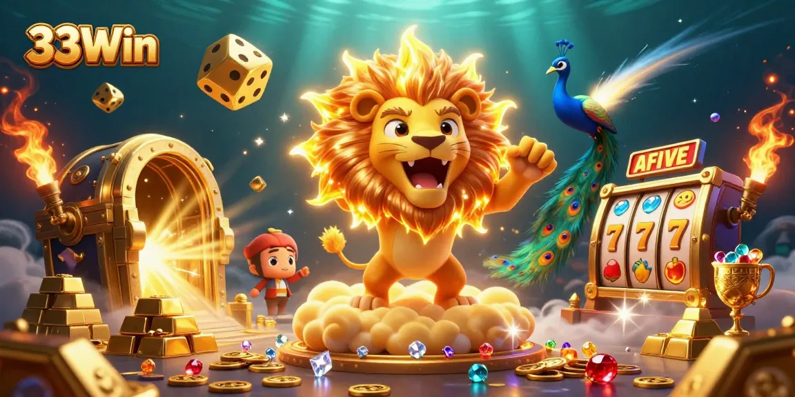33Win showcases a vibrant casino scene with lucky slot symbols and golden treasures.
