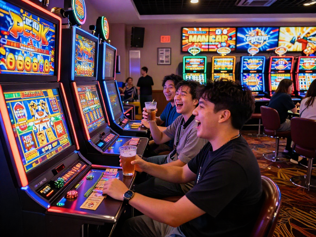 Exciting players enjoying slot jepang machines in a vibrant casino atmosphere, neon lights and lively ambiance.