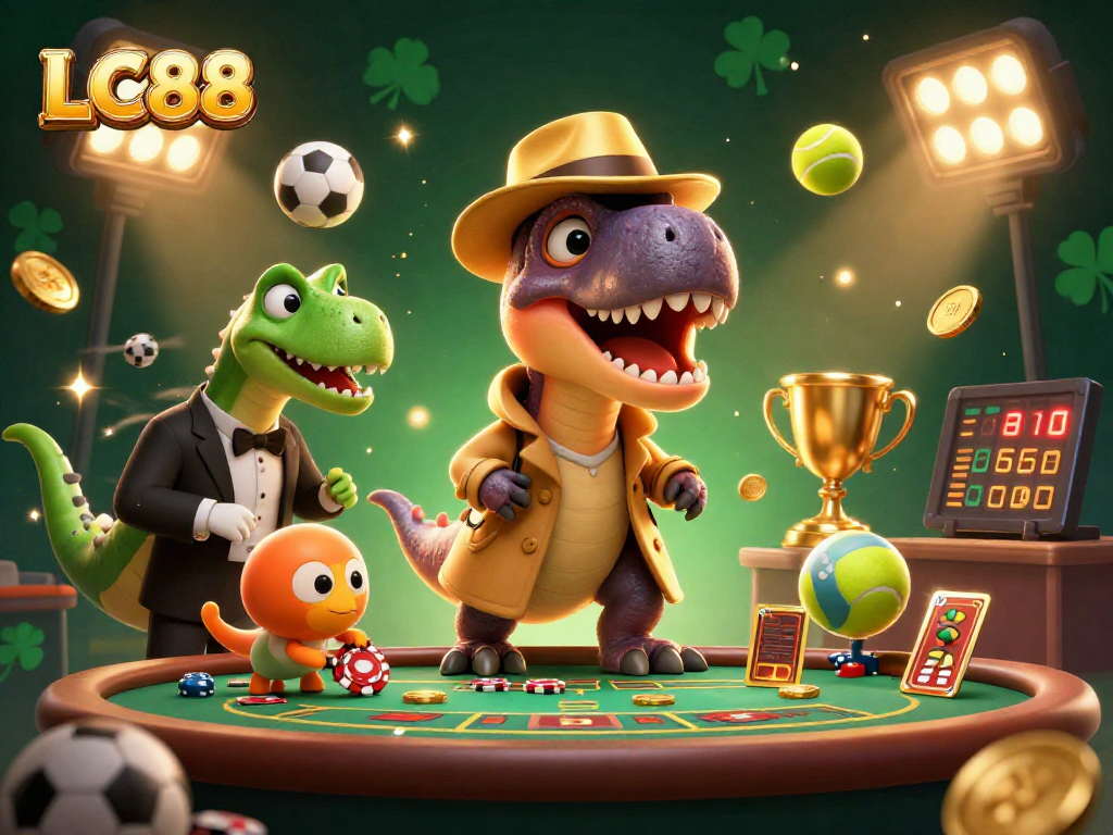Experience the dynamic gambling world with LC88 featuring a velociraptor card counter and a pit boss in a casino setup.