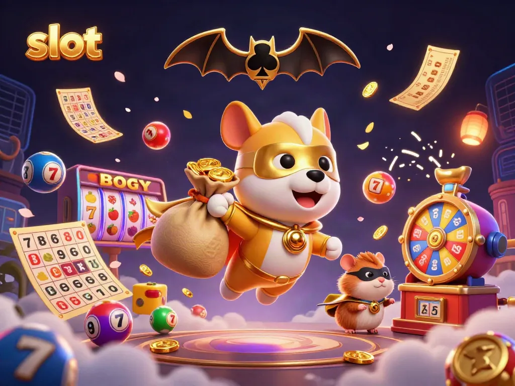Slot penuh semangat dengan anjing superhero dan hamster, menggenggam koin emas dalam permainan kasino.
