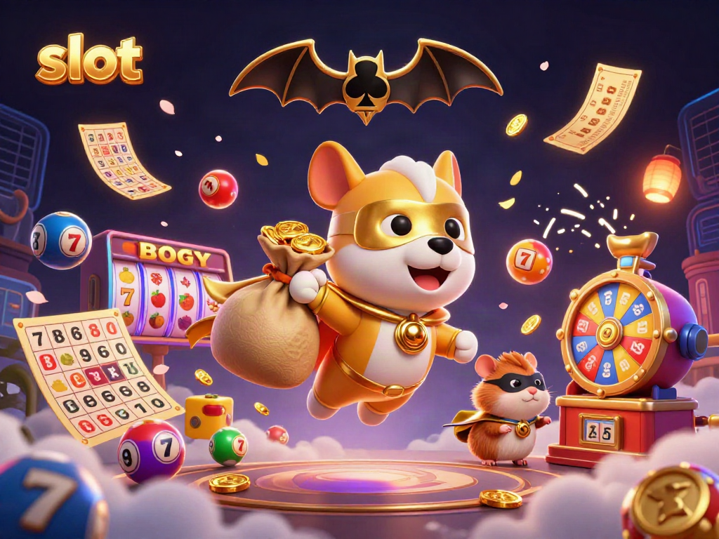 Slot penuh semangat dengan anjing superhero dan hamster, menggenggam koin emas dalam permainan kasino.