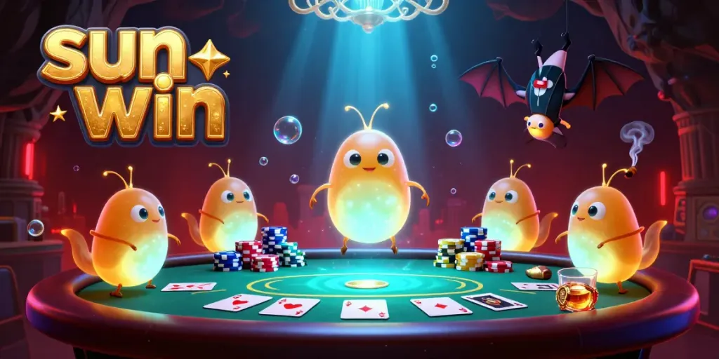 Experience the thrilling glow of sun win's cave casino, with vibrant glowworms illuminating the poker game.
