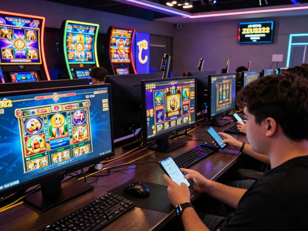 Pengalaman bermain ZEUS222 dengan aplikasi slot online di ruang bermain digital yang modern.