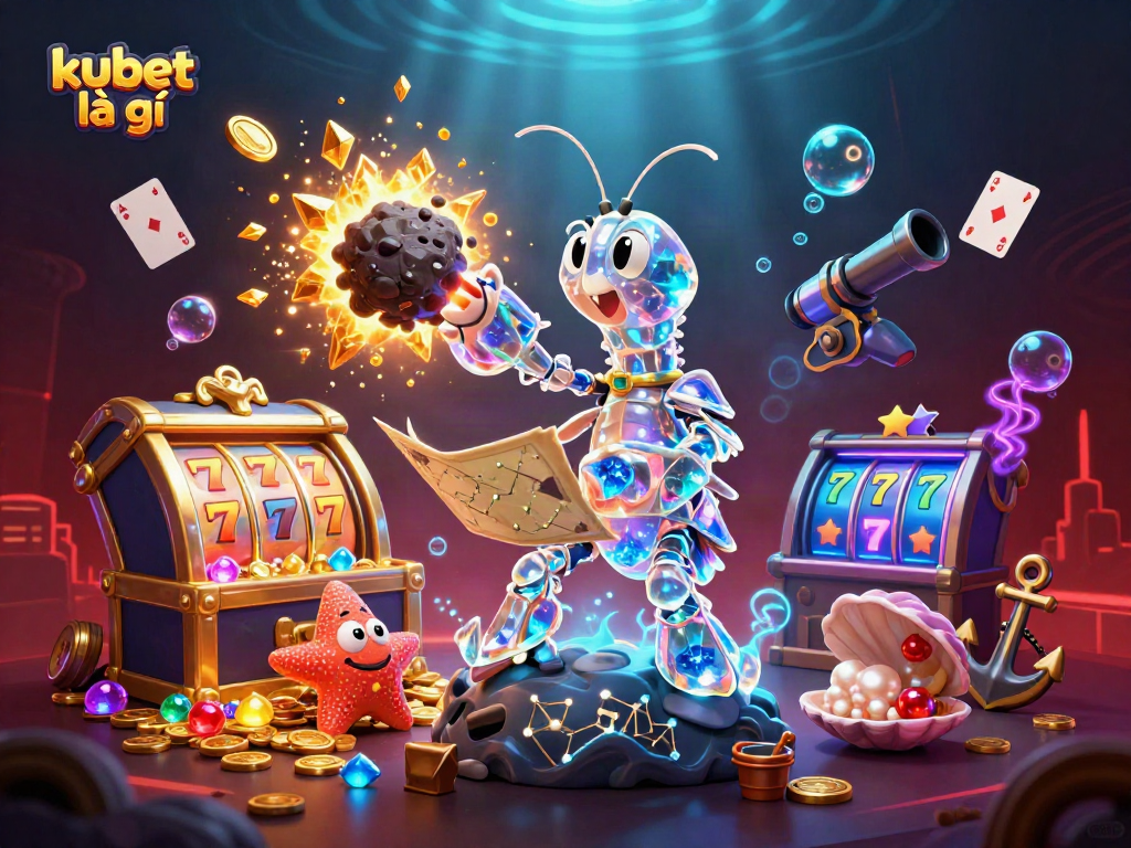 Engage with kubet là gì through a vibrant 3D scene filled with casino symbols and treasure.