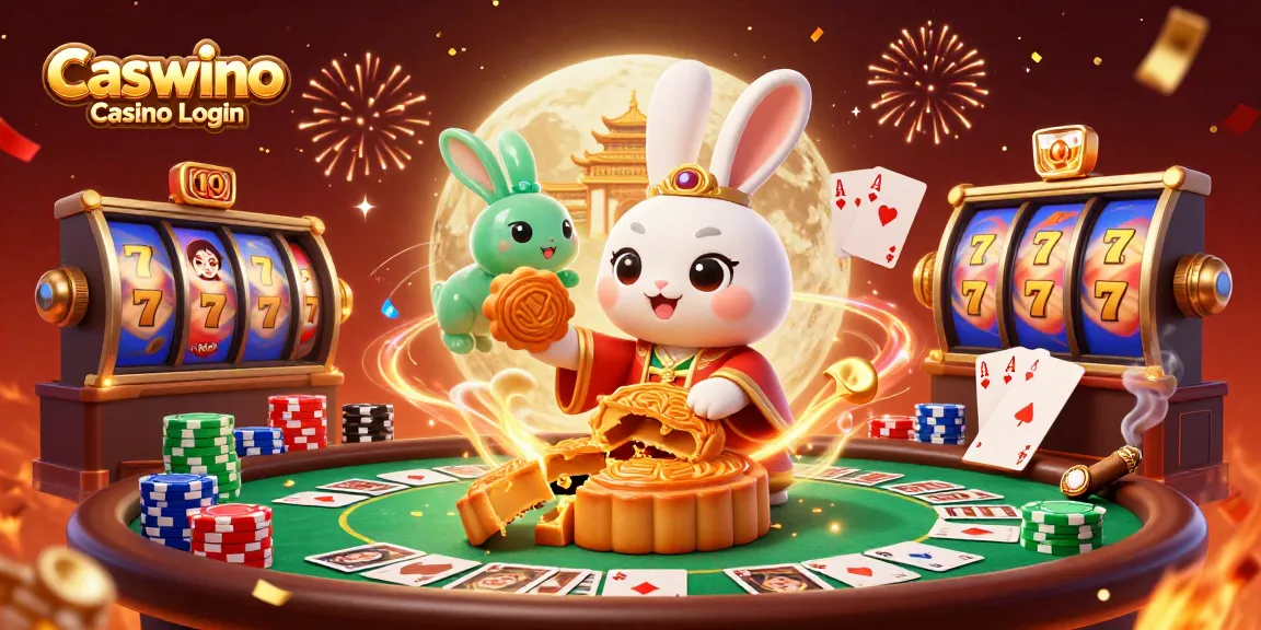 Win big with Caswino Casino Login featuring a colourful 3D rabbit and vibrant gambling elements.