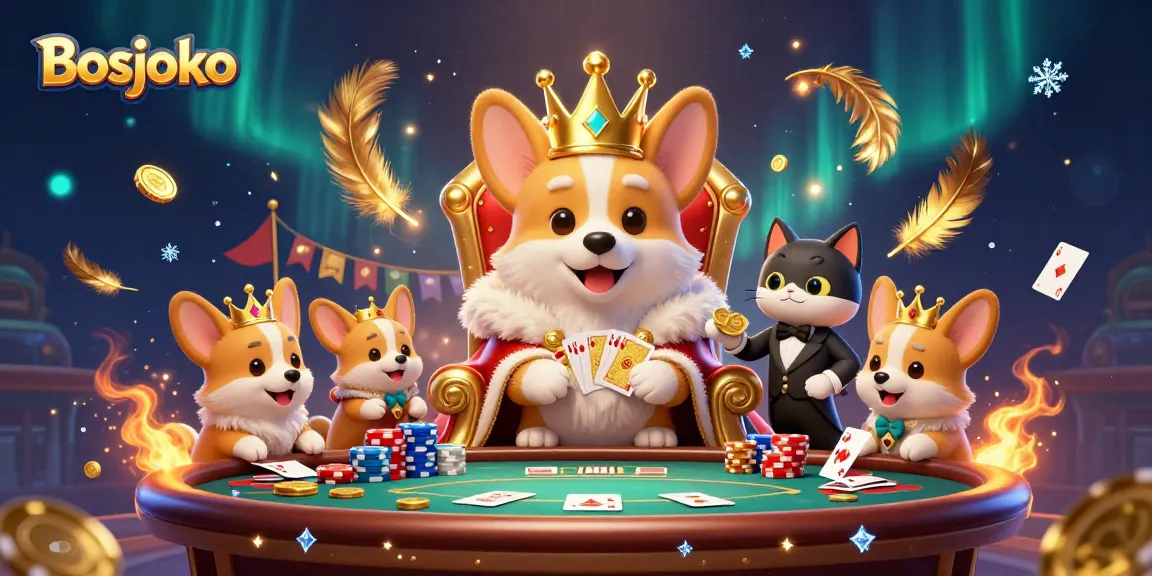 Bosjoko poker scene with a royal corgi and cat butler showcasing a golden card deck and chips.