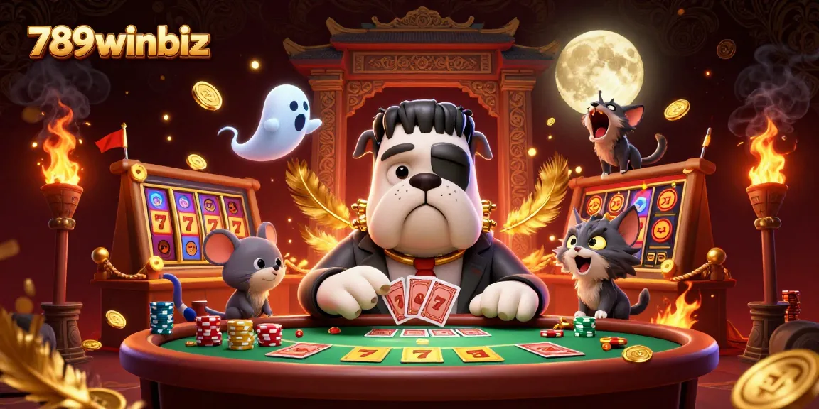 Experience thrilling gameplay at 789winbiz with a playful bulldog dealer and gaming action.