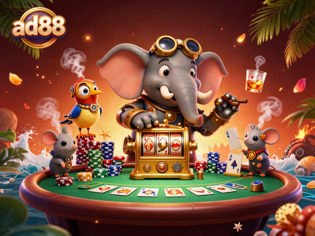 Ad88 showcases a dynamic casino scene with a steampunk elephant and golden slot machine, enhancing gambling excitement.