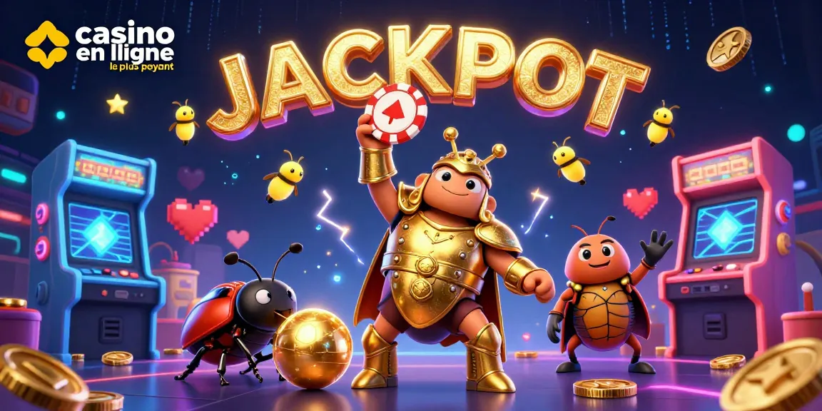 Illustration captivante du casino en ligne le plus payant montrant un scarabée héros avec un jeton de poker célébrant un jackpot.