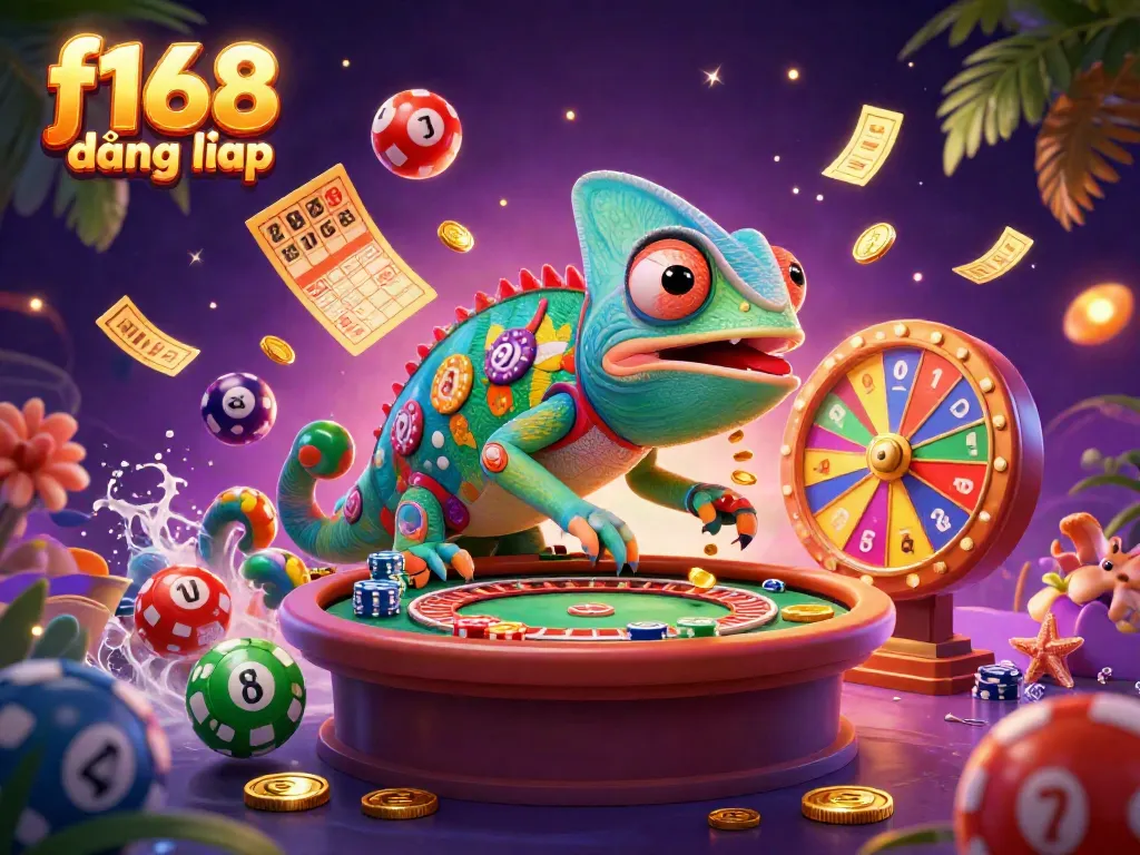Experience f168 đăng nhập with a vibrant 3D casino scene featuring dynamic game elements and a chameleon owner.