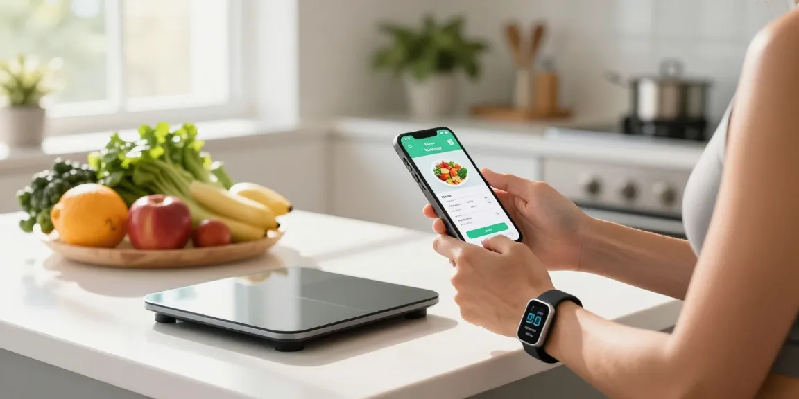 Smartphone displaying the best calorie tracking apps in a bright kitchen with healthy meal prep.