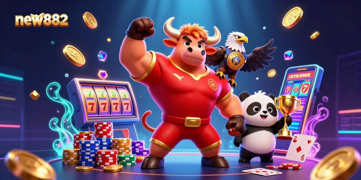 Engage with new882's thrilling slots action featuring a victorious mascot, vibrant game elements, and rich rewards.