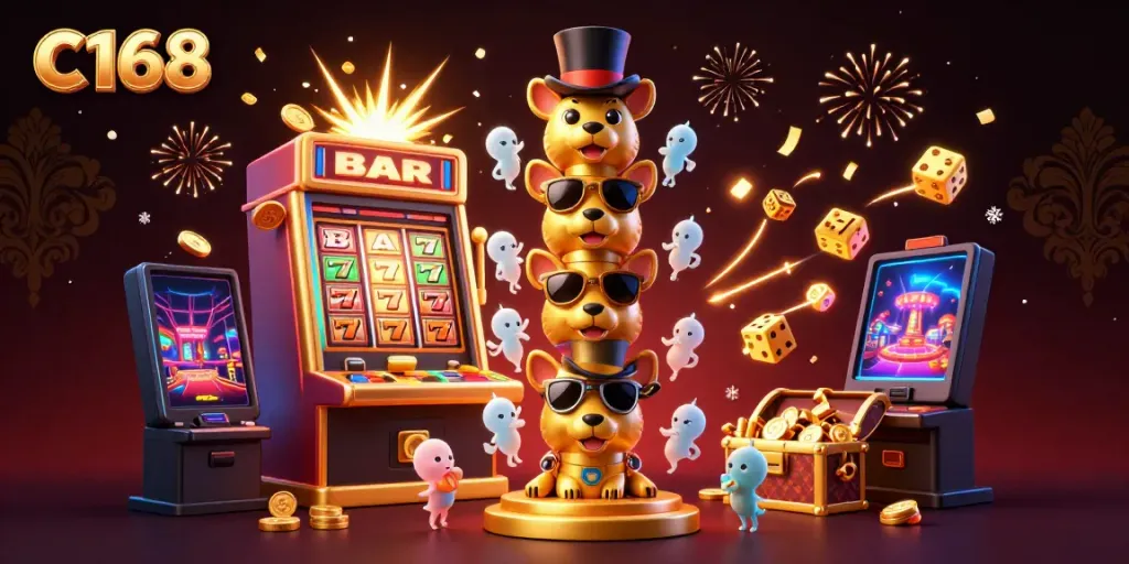 A dynamic scene showcasing C168's vibrant casino atmosphere with a golden totem and jackpot elements.