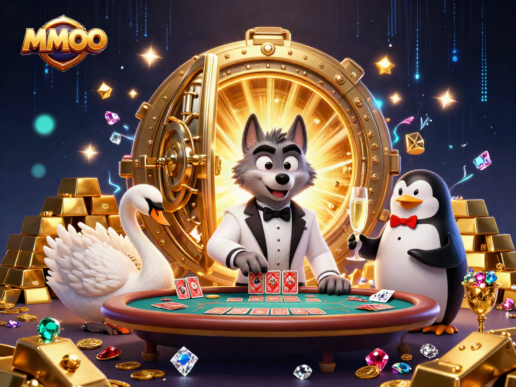 Engaging MMOO scene with a debonair wolf, swan dealer, and penguin sommelier at a casino