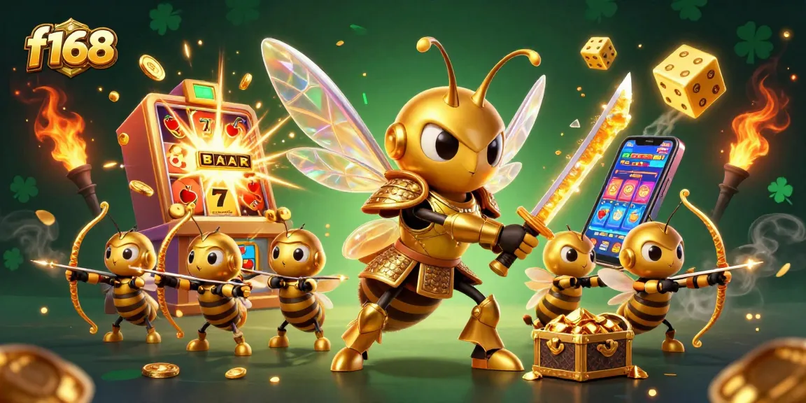 Experience thrilling gameplay with f168's vibrant casino scene showcasing slot jackpots and golden characters.