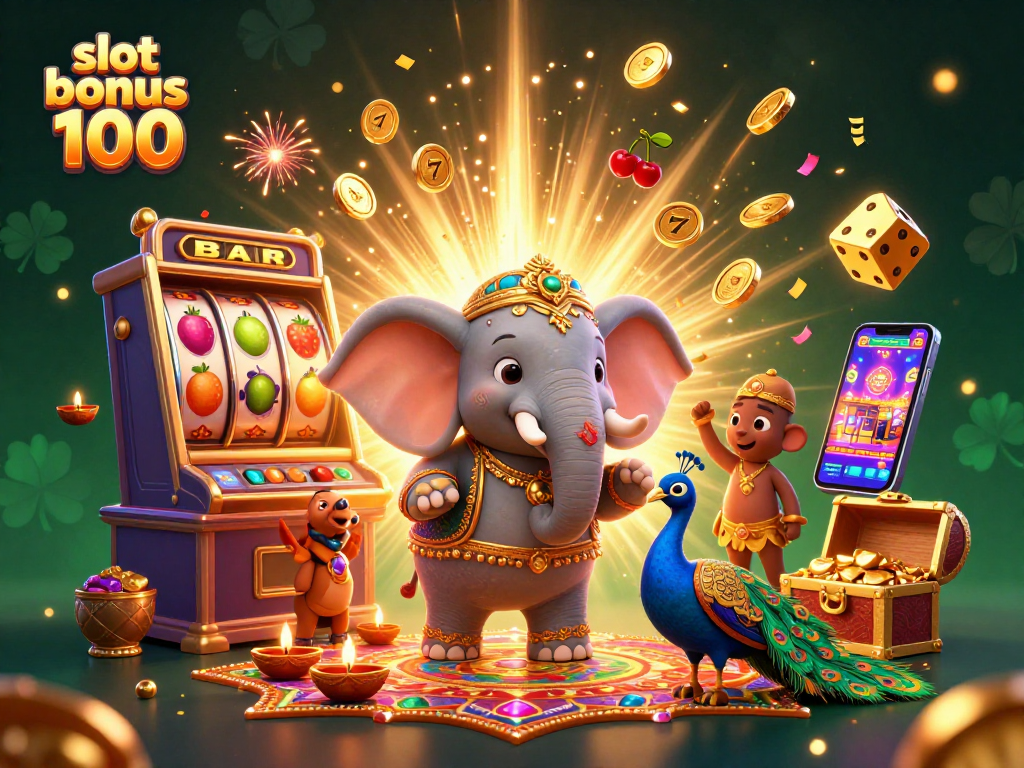 Experience vivid gaming with slot bonus 100 at a dynamic casino scene featuring an elephant and peacock.
